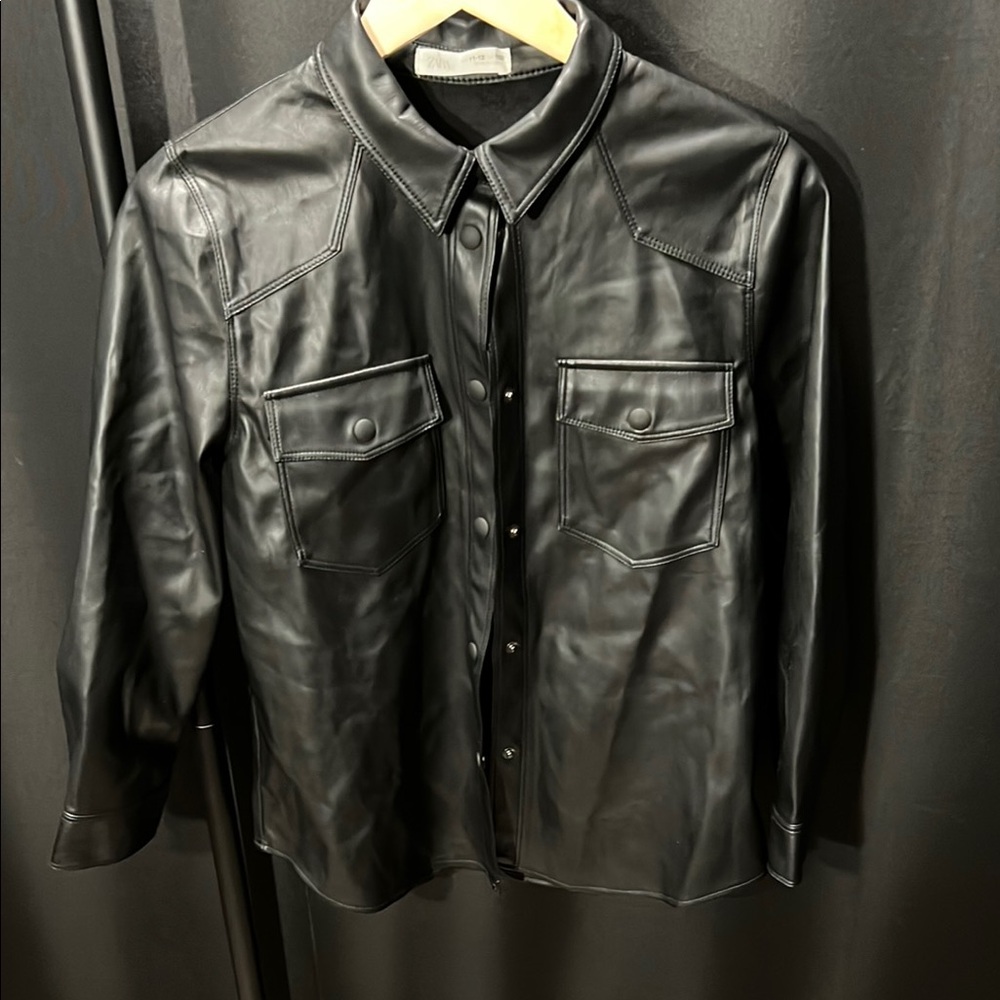 Zara Black Lightweight Leather Shirt Jacket